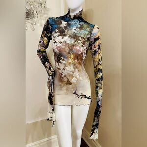 cut loose clothing Berlin Mood Painting Print Mesh Long Sleeve Top  SIZE L